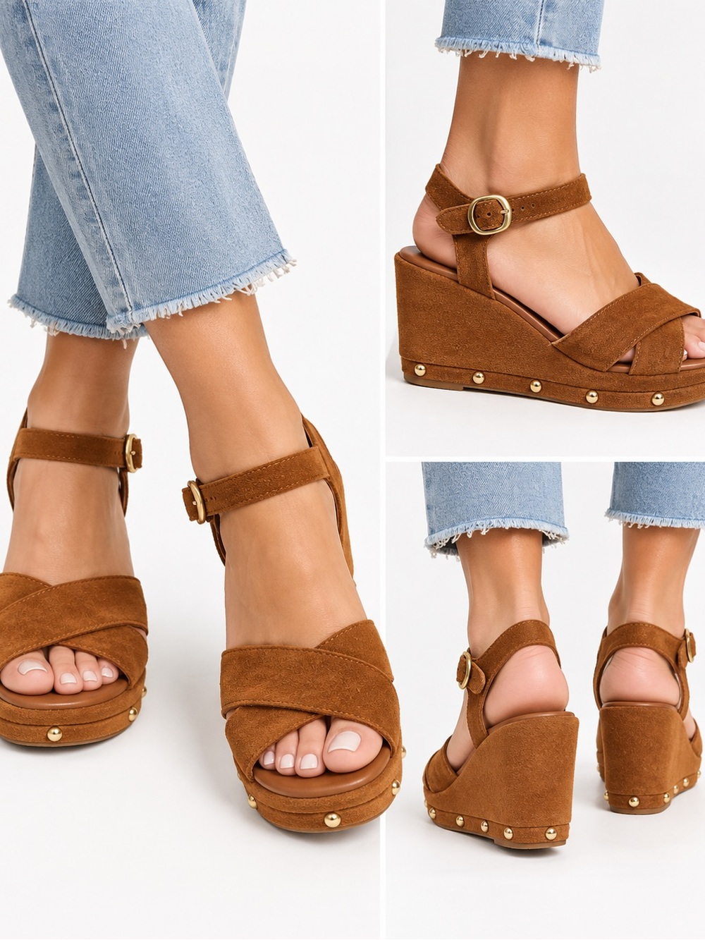 Sorel Brown Suede Studded Wedge Sandals with Ankle Strap